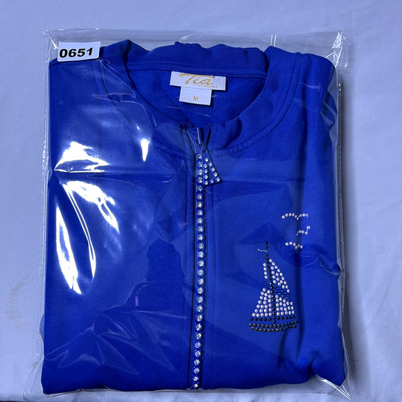 Tia Designs Medium Cotton Jacket Embellished Rhinestones Zip Sailboats Nautical - Picture 14 of 15